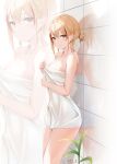  1girl absurdres against_wall azur_lane bare_shoulders blonde_hair breasts cleavage collarbone commentary_request highres large_breasts light_blush looking_at_viewer multicolored_hair naked_towel plant qing_wu red_hair roon_(azur_lane) short_hair short_ponytail smile solo streaked_hair towel yellow_eyes zoom_layer 