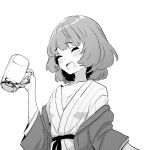  1girl alcohol beer_glass blush breasts cleavage closed_eyes commentary cup drinking_glass english_commentary greyscale highres holding holding_cup idolmaster idolmaster_cinderella_girls japanese_clothes kimono medium_breasts minazuki_tooru mole mole_under_eye monochrome off_shoulder open_clothes open_kimono open_mouth short_hair simple_background sketch smile solo takagaki_kaede white_background 