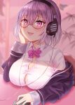  1girl :d akuakuran bangs blush bow bowtie breasts button_gap chair cleavage collared_shirt commentary_request eyebrows_visible_through_hair glasses gridman_universe hair_between_eyes hand_up head_rest headphones highres holding_mouse_(computer) indoors jacket large_breasts left-handed long_sleeves looking_at_viewer mouse_(computer) off_shoulder open_mouth pink-framed_eyewear pink_eyes pink_hair purple_bow purple_bowtie purple_jacket school_uniform shinjou_akane shirt short_hair sidelocks sitting smile solo ssss.gridman teeth upper_body upper_teeth white_shirt 