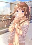  1girl bangs beige_sweater blurry blurry_background blush bow breath brown_hair day eyebrows_visible_through_hair fringe_trim hair_bow highres long_hair long_sleeves looking_at_viewer open_mouth original outdoors own_hands_together pechi_(peeechika) pink_bow purple_eyes railing shawl solo sweater turtleneck turtleneck_sweater upper_body 