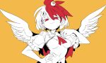  1girl breasts covered_navel eyeball_hair_ornament feathered_wings hand_on_hip hand_up limited_palette looking_at_viewer massakasama medium_breasts multicolored_hair neck_ribbon niwatari_kutaka red_eyes red_hair red_ribbon ribbon short_sleeves simple_background smile solo touhou two-tone_hair upper_body wings yellow_background 