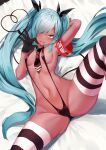  1girl armband black_swimsuit blue_archive blush dark_skin gloves hair_ribbon handjob_gesture highres iori_(blue_archive) necktie on_bed red_eyes ribbon rin-1126 silver_hair slingshot_swimsuit striped striped_legwear swimsuit tail thighhighs twintails 