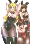  3girls animal_ears armpits arms_up bare_shoulders black_leotard blonde_hair blue_eyes bow bowtie breasts brown_eyes brown_hair cleavage collarbone commentary_request crossed_arms detached_collar detached_sleeves earrings fake_animal_ears fishnet_legwear fishnets freckled_girl_(kamisimo_90) freckles gloves hair_ornament jewelry kamisimo_90 leotard looking_at_viewer multiple_girls one_eye_closed original pantyhose playboy_bunny ponytail ponytail_girl_(kamisimo_90) purple_eyes rabbit_ears red_leotard smile strapless strapless_leotard wrist_cuffs 