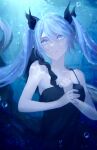  1girl absurdres bangs black_bow black_dress blue_eyes blue_hair bow collarbone commentary dress floating_hair hair_between_eyes hair_bow hatsune_miku highres long_hair parted_lips shinkai_shoujo_(vocaloid) shion_(reira) sleeveless sleeveless_dress solo twintails underwater underwear very_long_hair vocaloid 