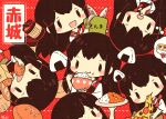  1girl :t akagi_(kancolle) bag black_hair bowl bread bucket cake character_name chibi chopsticks closed_mouth commentary_request curry curry_rice drooling eating fish food food_on_face highres holding holding_bowl holding_chopsticks holding_food holding_plate japanese_clothes kantai_collection long_hair mouth_drool multiple_views muneate nada_namie onigiri open_mouth paper_bag pizza plate rice rice_on_face saury signature simple_background tasuki wide_sleeves 