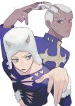  2boys absurdres black_eyes blue_eyes cd dark-skinned_male dark_skin enrico_pucci highres holding_cd horned_hat jojo_no_kimyou_na_bouken male_focus multiple_boys pointing stone_ocean weather_report white_hair yashio_kurenai 