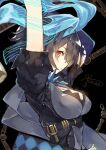  1girl alice_(sinoalice) bangs black_background blue_dress blue_hair bob_cut breasts cleavage closed_mouth dress hands_up headband highres looking_at_viewer looking_to_the_side red_eyes rozea_(graphmelt) short_hair short_sleeves signature simple_background sinoalice solo 