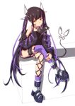  1girl absurdres asymmetrical_legwear bangs black_hair black_jacket blunt_bangs closed_mouth crossed_legs demon_tail frilled_straps full_body highres jacket kojo_anna long_hair long_sleeves looking_at_viewer mismatched_legwear multicolored_hair off_shoulder platform_footwear pointy_ears purple_hair saiho single_thighhigh sitting smile socks solo sugar_lyric tail thigh_strap thighhighs twintails two-tone_hair virtual_youtuber white_background yellow_eyes 