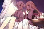  2girls ahoge ariel_anemoi_asura bare_legs blonde_hair blue_eyes chocolate dress eating elf long_sleeves multiple_girls mushoku_tensei nogiwa_kaede pointy_ears princess red_eyes short_hair sitting spoilers sylphiette_(mushoku_tensei) white_dress white_hair 