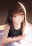  1girl bangs bare_shoulders black_camisole blurry blurry_background brown_eyes brown_hair camisole closed_mouth collarbone crossed_arms floor from_above highres indoors long_hair looking_at_viewer looking_up ojay_tkym original signature sitting skirt smile solo white_skirt 
