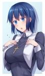  1girl :o alternate_breast_size bangs black_dress blue_eyes blue_hair blush breasts ciel_(tsukihime) commentary_request cross cross_necklace dress eyebrows_visible_through_hair flying_sweatdrops habit hair_between_eyes hands_on_own_chest highres jewelry large_breasts long_sleeves necklace nun open_mouth shadow short_hair simple_background soukitsu sweatdrop tongue tsukihime tsukihime_(remake) twitter_username upper_body 