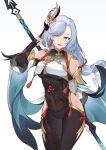  1girl :d absurdres bare_shoulders black_bodysuit blue_eyes bodysuit breasts commentary covered_navel cowboy_shot genshin_impact highres hip_vent holding holding_weapon medium_breasts open_mouth shenhe_(genshin_impact) shidiancijianongpao smile solo weapon white_hair 