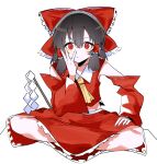  1girl ascot bangs black_hair bow closed_mouth ddari detached_sleeves eyebrows_visible_through_hair frilled_bow frills full_body gohei hair_between_eyes hair_bow hair_tubes hakurei_reimu hand_up long_sleeves looking_at_viewer red_bow red_eyes red_shirt red_skirt red_sleeves ribbon-trimmed_sleeves ribbon_trim shirt simple_background sitting skirt skirt_set sleeveless sleeveless_shirt sleeves_past_wrists solo touhou white_background wide_sleeves yellow_neckwear 