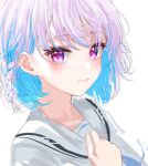  1girl bangs blue_hair braid closed_mouth eyebrows_visible_through_hair hand_up keichan_(user_afpk7473) lize_helesta looking_at_viewer multicolored_hair nijisanji pink_hair purple_eyes sailor_collar shirt simple_background smile solo two-tone_hair upper_body virtual_youtuber white_background white_sailor_collar white_shirt 
