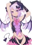 1girl arms_up bangs black_collar black_gloves black_panties blush breasts closed_mouth collar demon_girl demon_horns demon_tail demon_wings elbow_gloves eyebrows_visible_through_hair fang gloves hair_flaps hair_ornament heart heart-shaped_pupils highres horns marueri multiple_horns original panties pink_eyes pink_hair pubic_tattoo ribbon short_hair_with_long_locks signature simple_background small_breasts solo symbol-shaped_pupils tail tattoo torn_clothes torn_wings underwear white_background wings 