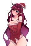  1girl bangs bare_shoulders blue_eyes blush bottomless breasts buttons christmas cleavage covering covering_crotch eyebrows_visible_through_hair fur_trim hat heterochromia highres hololive hololive_english horns irys_(hololive) long_hair looking_at_viewer medium_breasts pointy_ears pom_pom_(clothes) purple_hair red_eyes red_headwear red_shirt santa_costume santa_hat shirt shirt_tug sidelocks solo vanillatried very_long_hair virtual_youtuber wavy_hair 