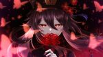  1girl bangs black_nails brown_hair floating_hair flower genshin_impact hair_between_eyes hair_ornament highres holding holding_flower hu_tao_(genshin_impact) jewelry long_hair looking_at_viewer nail_polish nisikm portrait red_eyes red_flower ring shiny shiny_hair solo spider_lily 