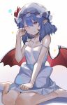  1girl bare_legs barefoot bat_wings blue_hair breasts camisole closed_mouth collarbone commentary dress falken_(yutozin) hat hat_ribbon highres medium_hair mob_cap one_eye_closed pajamas pillow pointy_ears red_eyes red_ribbon remilia_scarlet ribbon rubbing_eyes simple_background sitting small_breasts touhou vampire wariza wavy_mouth white_background white_dress wings 