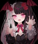  1girl :d ahoge bangs black_background black_dress black_hair blush bow claw_pose dress eyebrows_visible_through_hair fang flower grey_hair hair_flower hair_ornament hands_up head_wings keichan_(user_afpk7473) long_hair long_sleeves looking_at_viewer multicolored_hair nijisanji red_bow red_eyes red_flower red_hair red_rose red_wings rose simple_background smile solo split-color_hair streaked_hair twintails two-tone_hair upper_body virtual_youtuber wings yorumi_rena 