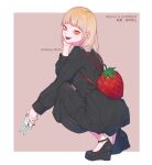  1girl backpack bag bags_under_eyes black_dress black_nails blonde_hair boku_no_hero_academia cellphone collar dress fang food fruit full_body hair_down handbag long_hair mizuki_mau nail_polish open_mouth phone simple_background smartphone smile solo squatting strawberry strawberry_backpack toga_himiko wedge_heels white_collar yellow_eyes 