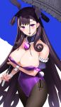  1girl bangs breasts commentary fate/grand_order fate_(series) hair_cones hair_ornament highres large_breasts long_hair looking_at_viewer murasaki_shikibu_(fate) pantyhose playboy_bunny purple_eyes purple_hair tel two_side_up very_long_hair 