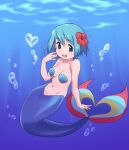  1girl air_bubble blue_eyes blue_hair breasts bubble flower gloamy hair_flower hair_ornament heart highres mahou_shoujo_madoka_magica medium_breasts mermaid miki_sayaka monster_girl monsterification shell shell_bikini short_hair smile solo underwater 