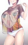  1girl breasts character_print cowboy_shot head_out_of_frame highres hololive joeychen large_breasts natsuiro_matsuri no_pants panties see-through_silhouette shirt shirt_overhang simple_background smile solo t-shirt underwear virtual_youtuber 