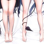  1girl barefoot bed_sheet dakimakura_(medium) demon_girl demon_tail feet feet_only foot_focus head_out_of_frame highres legs long_hair lying mignon on_back original solo spread_toes tail thighs toenails toes very_long_hair yoru-chan_(mignon) 