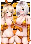  2girls animal_ears animal_print bikini blonde_hair blue_eyes blush breast_envy breasts cleavage elbow_gloves eyebrows_visible_through_hair eyes_visible_through_hair fake_animal_ears gloves grey_eyes hair_ornament hairclip hamakaze_(kancolle) hand_on_own_stomach hands_on_own_chest highres kantai_collection large_breasts long_hair multiple_girls orange_bikini shimakaze_(kancolle) short_hair silver_hair small_breasts string_bikini swimsuit thighhighs tiemu_(man190) tiger_print 