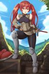  1girl armored_boots ass_visible_through_thighs boots breasts castell detached_sleeves fingerless_gloves fire_emblem fire_emblem_awakening gloves hand_on_hip hand_on_weapon highres leg_up looking_at_viewer open_mouth outdoors pantyhose red_eyes red_hair severa_(fire_emblem) shield small_breasts solo sword tsundere twintails weapon 