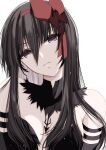  1girl akemi_homura akuma_homura arm_strap bangs black_collar black_hair bow bow_hairband breasts cleavage collar commentary detached_collar eyebrows_visible_through_hair hair_between_eyes hair_bow hairband head_tilt highres long_hair looking_at_viewer mahou_shoujo_madoka_magica mahou_shoujo_madoka_magica_movie misteor purple_eyes red_bow red_hairband simple_background small_breasts solo straight_hair strapless upper_body white_background 