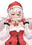  1girl absurdres breasts brown_eyes dress girls&#039;_frontline gloves grey_hair hair_ornament hairclip hat highres large_breasts long_hair low_twintails muteppona_hito red_dress red_gloves red_headwear santa_dress santa_hat sleeveless sleeveless_dress solo strapless strapless_dress svd_(girls&#039;_frontline) twintails upper_body 