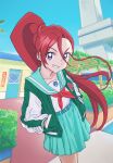  amawa_kazuhiro aozora_middle_school_uniform green_sailor_collar hair_between_eyes hands_in_pockets highres looking_at_viewer ponytail precure red_hair red_ribbon ribbon sailor_collar school_uniform smile takizawa_asuka tropical-rouge!_precure 