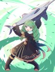  1girl :o animal aura boots dress fighting_stance fire_emblem fire_emblem:_three_houses fish flayn_(fire_emblem) garreg_mach_monastery_uniform green_eyes green_hair hair_ornament highres holding holding_animal holding_fish kutabireta_neko legs_apart long_hair marlin_(fish) solo swordfish 