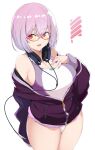  1girl absurdres arm_behind_back bangs breasts cleavage competition_swimsuit cowboy_shot eyebrows_visible_through_hair glasses gridman_universe hand_on_own_chest headphones headphones_around_neck highres jacket large_breasts looking_at_viewer looking_to_the_side maruyaa_(malya1006) off_shoulder one-piece_swimsuit open_mouth pink-framed_eyewear pink_hair purple_jacket red_eyes semi-rimless_eyewear shinjou_akane shiny shiny_hair short_hair simple_background smile solo ssss.gridman swimsuit thighs white_background zipper 