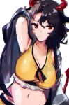  1girl animal_ears animal_print arm_behind_head arm_up armpits black_hair breasts cleavage closed_mouth collarbone commentary cow_ears cow_horns cow_print crop_top grey_hair haori horns japanese_clothes large_breasts midriff mokki_(smtkmokki) multicolored_hair navel red_eyes red_horns red_tail shorts simple_background smile split-color_hair stomach tank_top touhou two-tone_hair ushizaki_urumi white_background yellow_shorts yellow_tank_top 