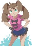  1girl breasts brown_hair closed_mouth dark-skinned_female dark_skin green_eyes highres long_hair looking_at_viewer nozumu one-hour_drawing_challenge pokemon pokemon_(game) pokemon_xy pout quad_tails shauna_(pokemon) shorts small_breasts solo twintails 