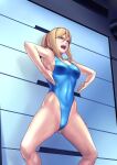  1girl blonde_hair blue_eyes blue_leotard bodysuit breasts clenched_teeth cowboy_shot hai_(h81908190) haigure_pose highres laser leotard long_hair medium_breasts metroid mind_control ponytail samus_aran sliding_doors squatting standing teeth 