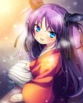  1girl artist_request bench blue_eyes blue_ribbon hair_ribbon hakama highres japanese_clothes little_busters! long_hair looking_at_viewer purple_hair ribbon sasasegawa_sasami smile solo two_side_up white_hakama 