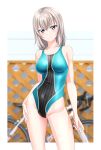  1girl absurdres aqua_swimsuit bangs bicycle blue_eyes blurry blurry_background breasts competition_swimsuit contrapposto cowboy_shot girls_und_panzer ground_vehicle highres itsumi_erika light_smile looking_at_viewer medium_breasts medium_hair multicolored_clothes multicolored_swimsuit one-piece_swimsuit silver_hair solo standing striped striped_swimsuit swimsuit takafumi 
