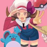  1girl brown_eyes brown_hair cabbie_hat hat hat_ribbon long_hair looking_at_viewer lyra_(pokemon) marill open_mouth overalls poke_ball poke_ball_(basic) pokemon pokemon_(creature) pokemon_(game) pokemon_hgss ribbon simple_background smile thighhighs twintails v yuuki_(irodo_rhythm) 