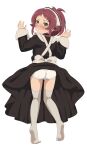  1girl absurdres aisha_greyrat alternate_costume apron ass back_bow bangs black_dress blush bow brown_hair closed_mouth dbmaster dress enmaided from_behind full_body green_eyes hands_up head_scarf highres kneepits long_sleeves looking_at_viewer looking_back maid mushoku_tensei no_shoes nose_blush panties ponytail simple_background sleeves_past_wrists soles solo standing thighhighs tiptoes underwear white_apron white_background white_bow white_legwear white_panties 
