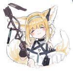  1girl ^_^ animal_ear_fluff animal_ears arknights bare_shoulders black_gloves blonde_hair blue_hairband blush braid closed_eyes closed_mouth commentary_request cropped_torso facing_viewer fox_ears fox_girl fox_tail gloves hair_rings hairband head_tilt holding holding_staff kitsune multicolored_hair shirt sidelocks simple_background solo staff streaked_hair suzuran_(arknights) tail twin_braids upper_body white_background white_hair white_shirt yofuraruto 