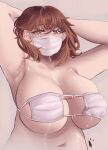  1girl armpits arms_behind_head bangs brown_hair eyebrows_visible_through_hair eyepatch_bikini green_eyes grey_background hair_between_eyes half-closed_eyes highres icedsolero_(pixiv44011048) looking_at_viewer mask medium_hair mouth_mask navel original simple_background solo surgical_mask thick_arms upper_body 