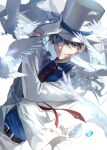  1boy arm_behind_back bangs belt bird black_belt black_hair blue_eyes blue_shirt card collared_shirt dove dress_shirt ekita_kuro formal gloves grin hair_between_eyes hand_up hat highres holding holding_card jacket kaitou_kid long_sleeves looking_at_viewer magic_kaito male_focus meitantei_conan monocle monocle_chain necktie pants red_necktie shirt short_hair simple_background smile solo suit top_hat white_background white_gloves white_headwear white_jacket white_pants white_suit 