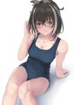 1girl animare arm_support atsushima bangs bare_arms bare_legs bare_shoulders black_hair blue_swimsuit breasts cleavage collarbone eyebrows_visible_through_hair from_above glasses green_eyes hand_up knees_together_feet_apart knees_up looking_at_viewer medium_breasts medium_hair multicolored_hair one-piece_swimsuit oura_rukako parted_lips semi-rimless_eyewear sitting smile solo streaked_hair swimsuit virtual_youtuber white_hair 