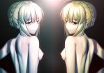  2girls absurdres ahoge artoria_pendragon_(fate) back bangs besmiled blonde_hair braid breasts colored_skin eyebrows_visible_through_hair fate/stay_night fate_(series) french_braid green_eyes hair_bun highres long_hair looking_at_viewer looking_back medium_breasts multiple_girls nipples nude pale_skin revision saber saber_alter sidelocks smile white_skin yellow_eyes 