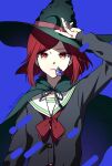  1girl absurdres bangs black_cape black_headwear black_jacket blue_background bow bowtie buttons cape commentary_request danganronpa_(series) danganronpa_v3:_killing_harmony gem hair_ornament hat highres jacket long_sleeves red_bow red_bowtie red_eyes red_hair sailor_collar sanmian_(chidarakeno) short_hair solo twitter_username upper_body witch_hat yumeno_himiko 