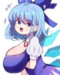  1girl alternate_breast_size blue_dress blue_eyes blue_hair breasts cirno cleavage collared_shirt dress highres huge_breasts ice ice_wings neck_ribbon open_mouth puffy_short_sleeves puffy_sleeves ribbon shirt short_hair short_sleeves solo sseopik touhou white_shirt wings 