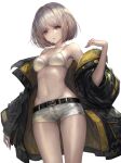  1girl absurdres bangs bare_shoulders bob_cut bra breasts eyebrows_visible_through_hair highres looking_at_viewer medium_breasts navel original short_hair simple_background solo tachikawa_mushimaro thighs underwear white_background white_hair yellow_eyes 